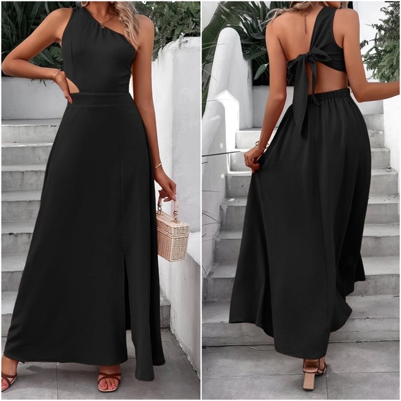 One shoulder Open Back cutout Slit Maxi Dress - Picture 1 of 7
